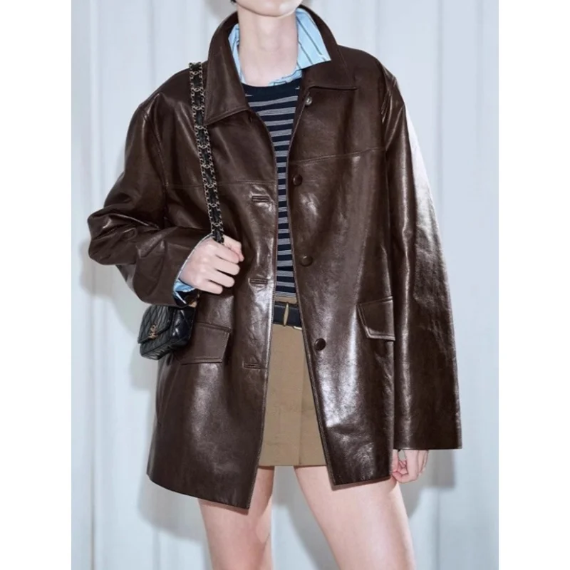 Damen-Jacke aus echtem Leder, leichter und lässiger Retro-Stil, ölgewachstes Schaffell, modisches Revers, weit geschnittener Trenchcoat