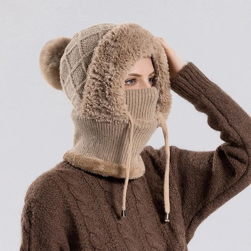 Gestrickte Sturmhaube aus Samt, flauschige Textur, integriertes Design, Wärmeabdeckung, warmer Gehörschutz, flauschige Mütze, Maske