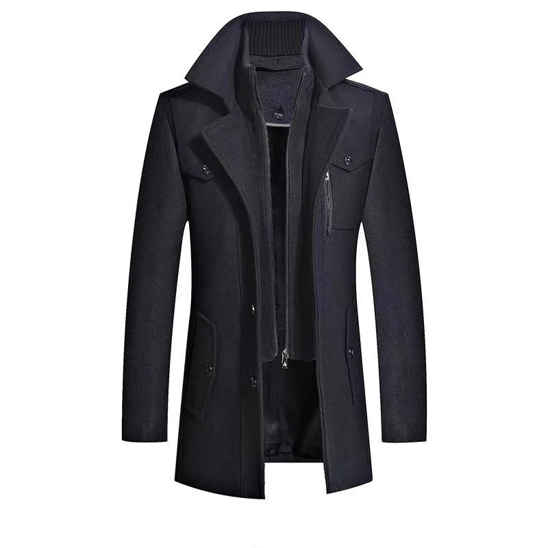 

European Version Vertical Zipper Autumn Winter Double Collar Thickened Plus Size Trench Men Woolen Coat