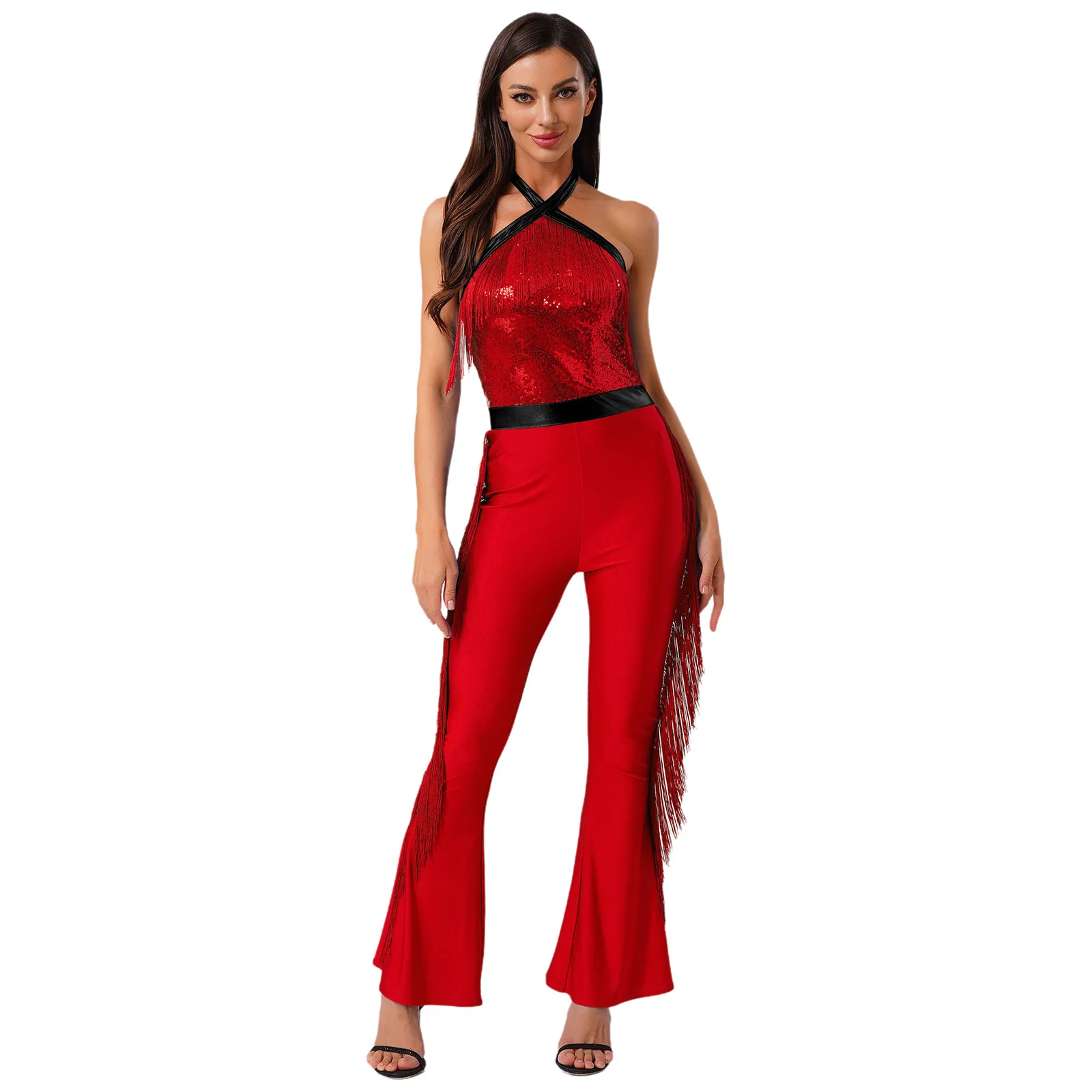 

Women Lyrical Fringe Rompers for Jazz Waltz Party Stage Performance Jumpsuits Sleeveless Slim Fit Disco Party Raves Costumes