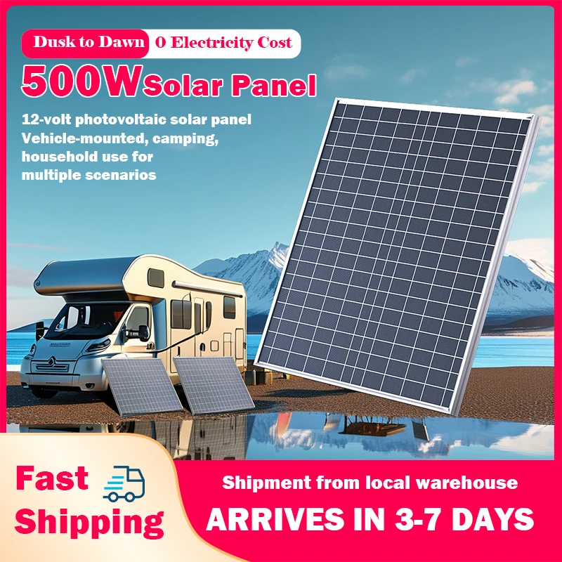 500W 12V Polykristallines Solarpanel, netzunabhängiges Photovoltaikpanel für Zuhause, Wohnmobil, Camping, Fahrzeugbatterie-Ladegerät