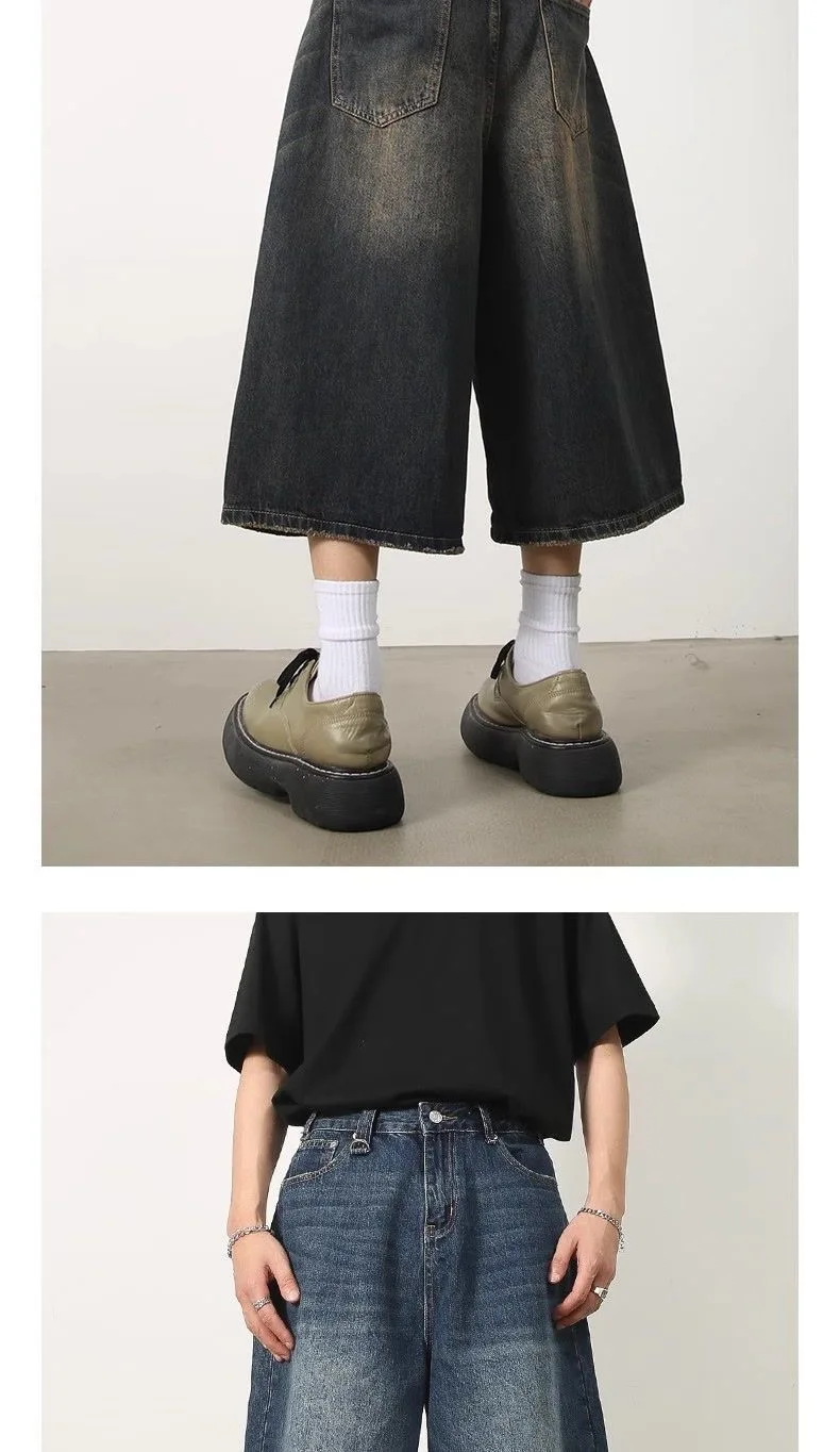 Chic Men's Baggy Denim Shorts American Casual Minimalist Vintage Wash Wide Leg High End Streetwear Knee Length Pants