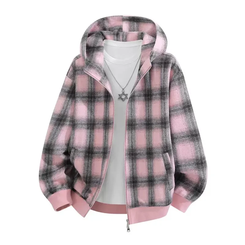 Spring and Autumn New Fashion Trendy American Retro Sports Plaid Hoodie Men's Casual Loose High Quality Plus Size Jacket