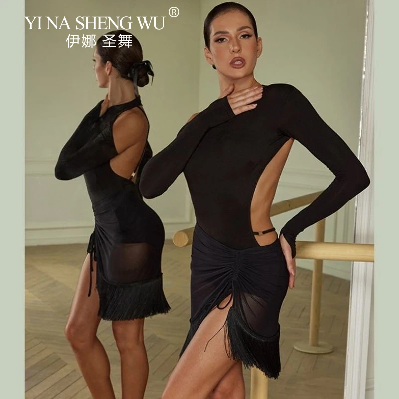 라틴 댄스 탑 여성 섹시한 백 레스 긴 소매 바디 슈트 볼룸 댄스 삼바 룸바 차차 댄스 트레이닝 레오타드 점프 슈트