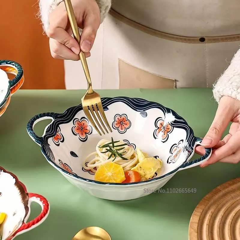 

Керамическая миска для супа с ручкой, миска для салата и макаронных изделий, кухонная посуда, микроволновая печь, посуда, бытовая миска для лапши