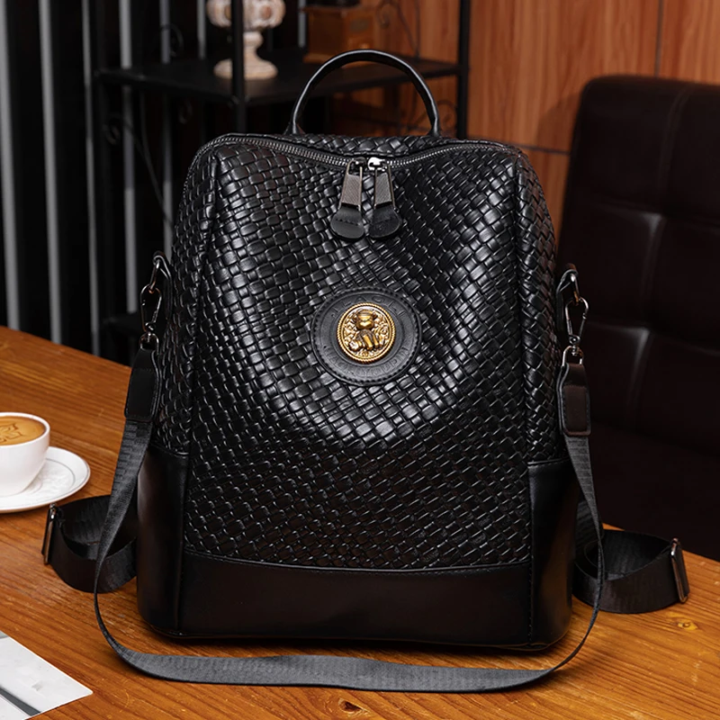 2024 New Women\'s Backpack Designer High Quality Soft Leather Simple Weave Fashion Backpack Large Capacity Shoulder School Bags