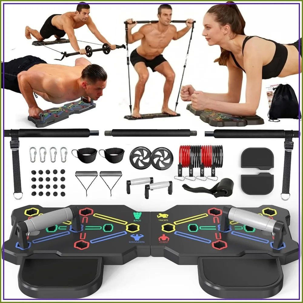 Portable Workout Equipment with 20 Gym Accessories, Push Up Board & Plank Trainer, Resistance Bands with Ab Wheel, Exercise at Home