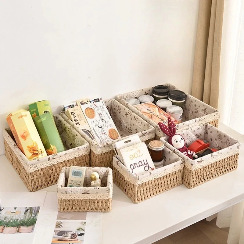 سطح المكتب فوضى فرز وسلة التخزين الروطان المنسوجة ورقة حبل سلة المنسوجة الإطار وجبة خفيفة سلة التخزين