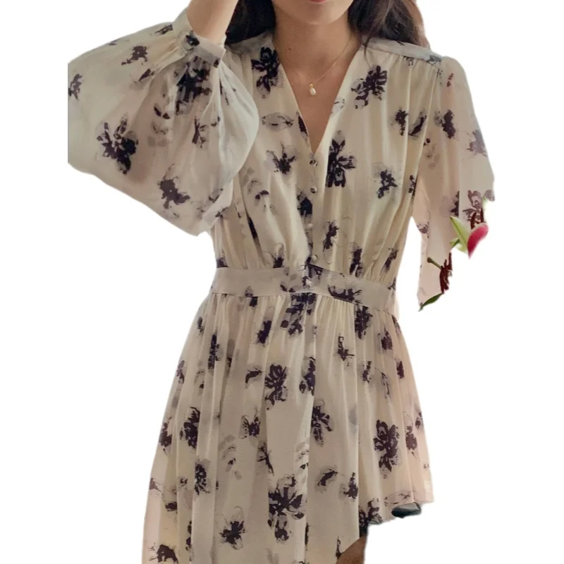 Korean Dongdaemun High Fashion V-Neck Long Sleeve Dress Watercolor Flower Diffusion Maxi Skirt Style Polyester Fabric Dress