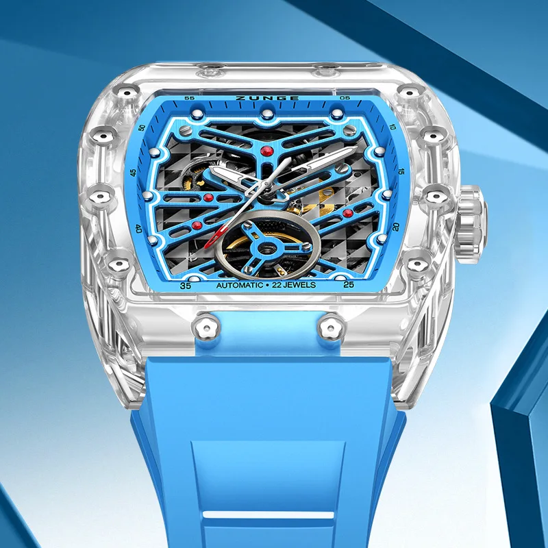 Luxury Brand ZUNGE Automatic Mechanical Men's Watches Dual Transparent Skeleton Flywheel Waterproof Rubber Strap Luminous Z8701