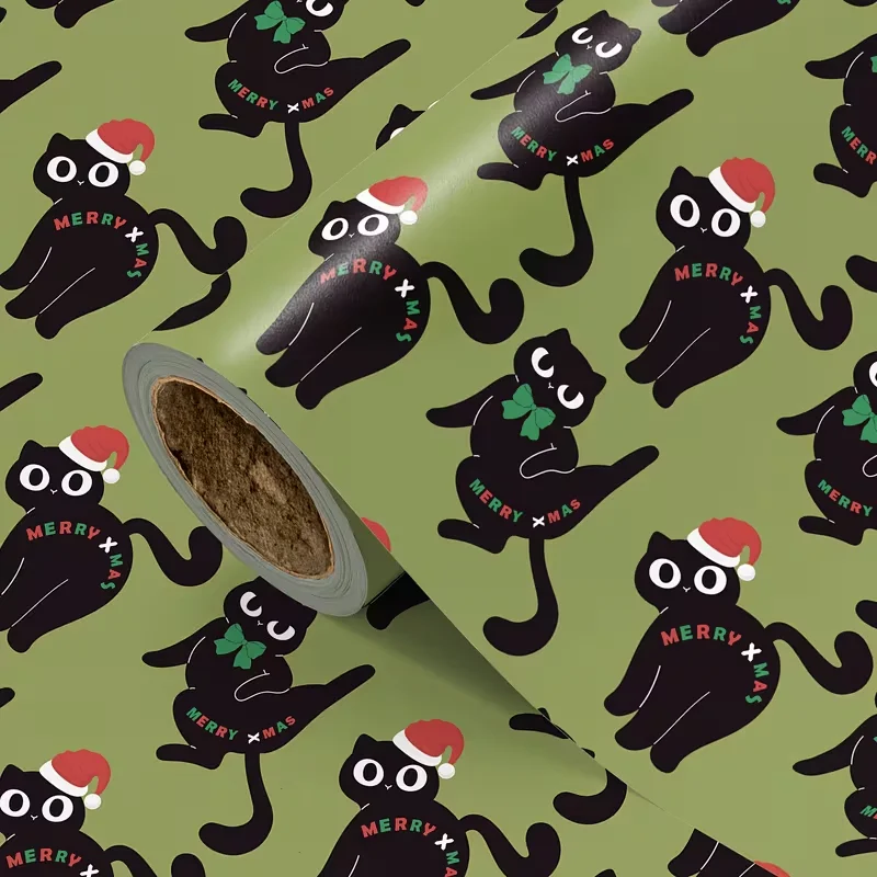 1 Roll Christmas Wrapping Paper, Green Black Cat Santa Hat Bow Print, Gift Wrap, Party Decor, Christmas Supplies, 43x500cm