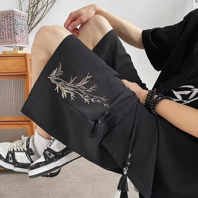 

New Chinese Sle ort Pants with Buttoned Waisand And Embroidery Thin Five-Part Casual Straight Leg Trousers for Men