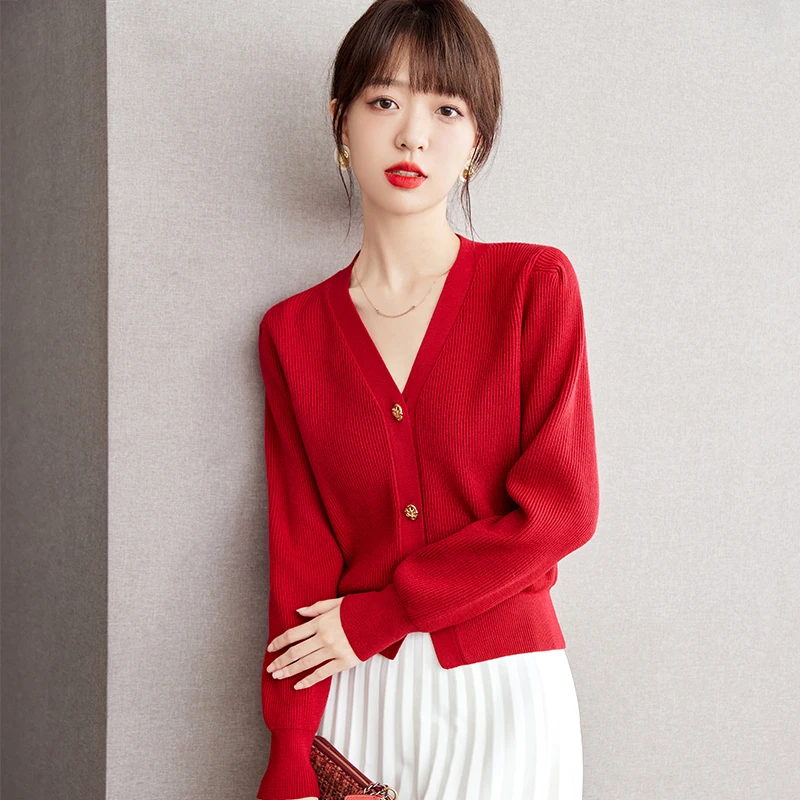 Red Knitted Cardigan V-neck Single Breasted Sweater Coat Autumn Winter Women Elegant Chic Slim Casual Short Wool Jacket C2663