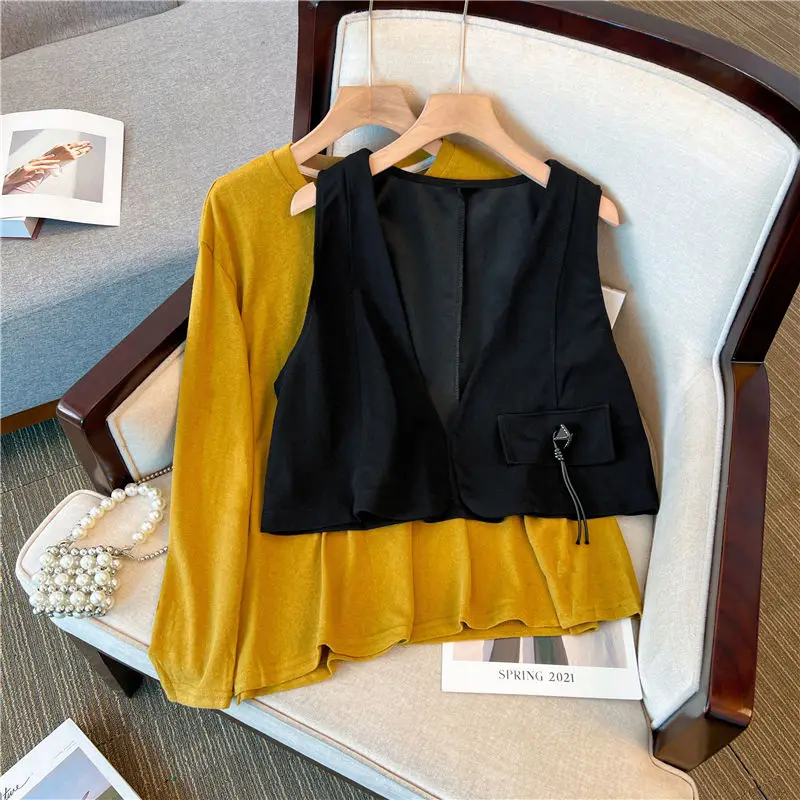 Casual Fashion Round Neck Solid Color T-shirt Women's Clothing Autumn Simplicity All-match Female Long Sleeve Tops Two Piece Set