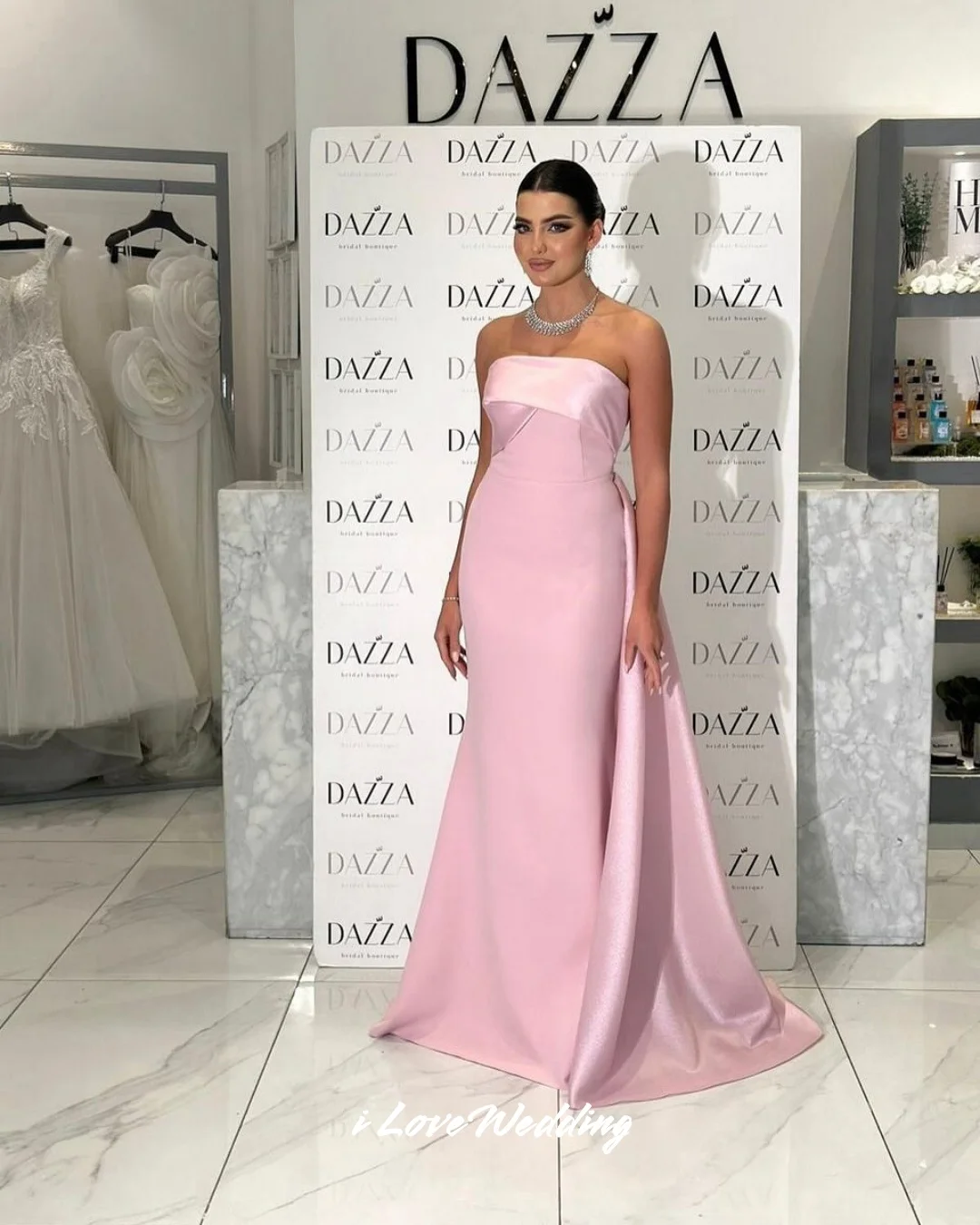 

Pink Strapless Evening Dresses 2025 Satin Sleeveless Mermaid Pleated Sweep Train Floor-Length Wedding Party Dresses Customized