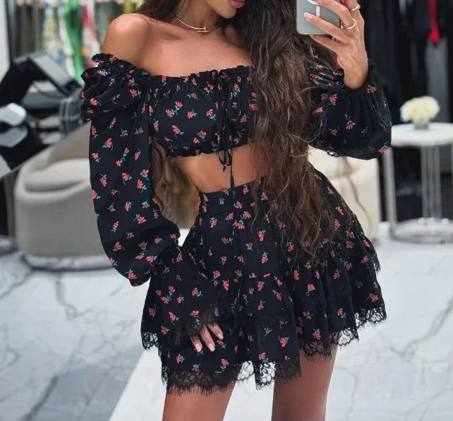 CPSYMYM Women 2025 Latest Hot Selling Style Elegant Sexy Sweet Lace Edge Printed Lantern Sleeves Skirt Set with Strapless Shirt
