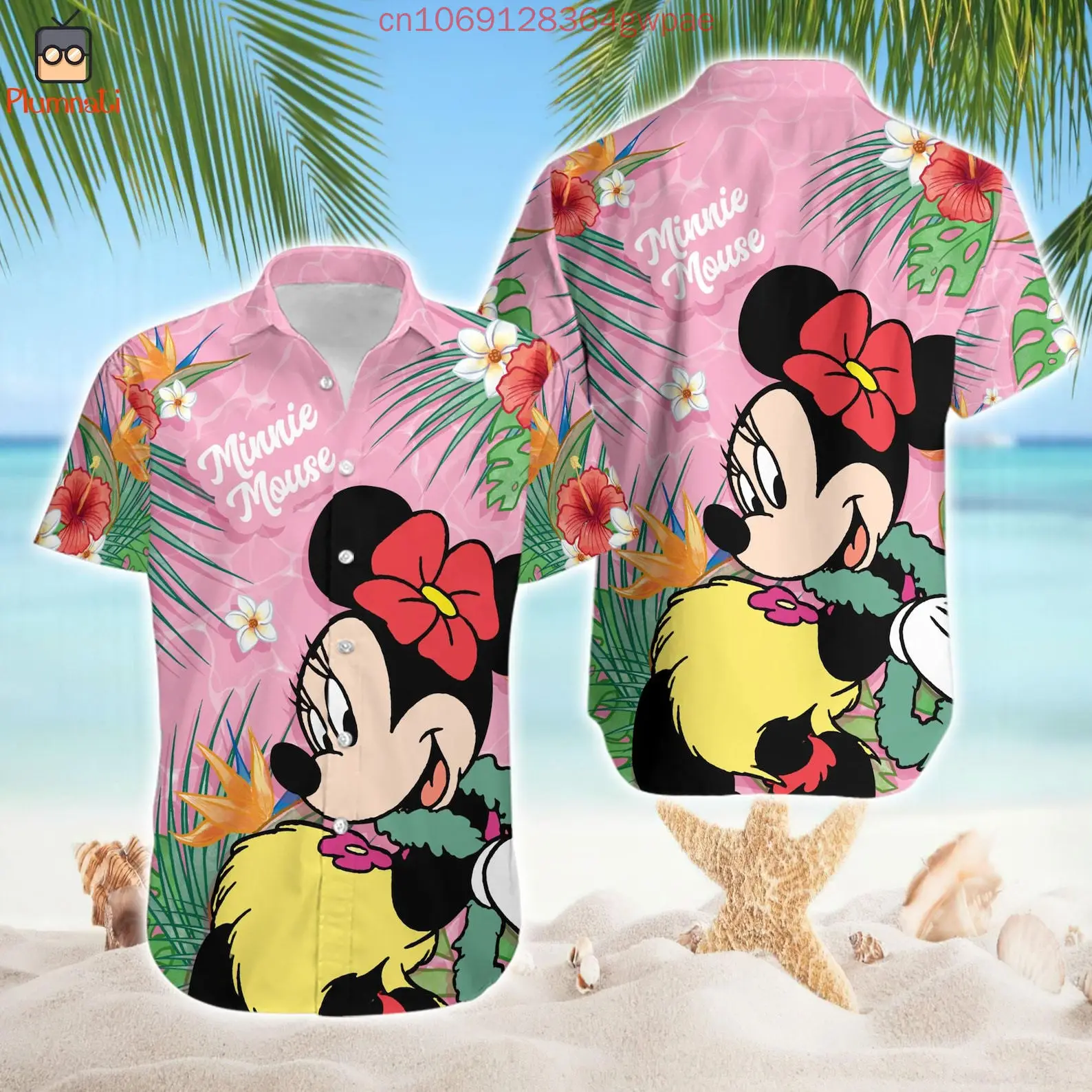 

Minnie Short Sleeve Hawaiian Shirt Women's Button Shirt Disney Mickey Summer Men Casual Beach Vacation Sun Protection Shirt