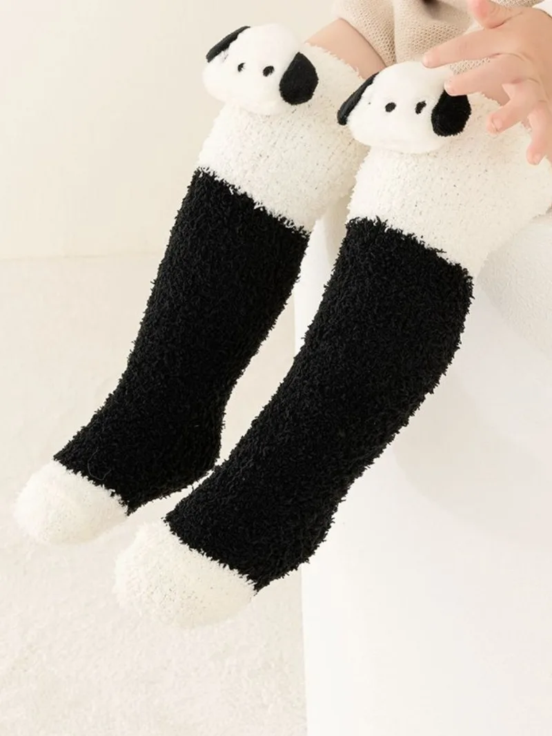 귀여운 판다 강아지 디자인 코랄 플리스 두꺼운 따뜻한 롱 스타킹 가을 겨울 아동용 양말