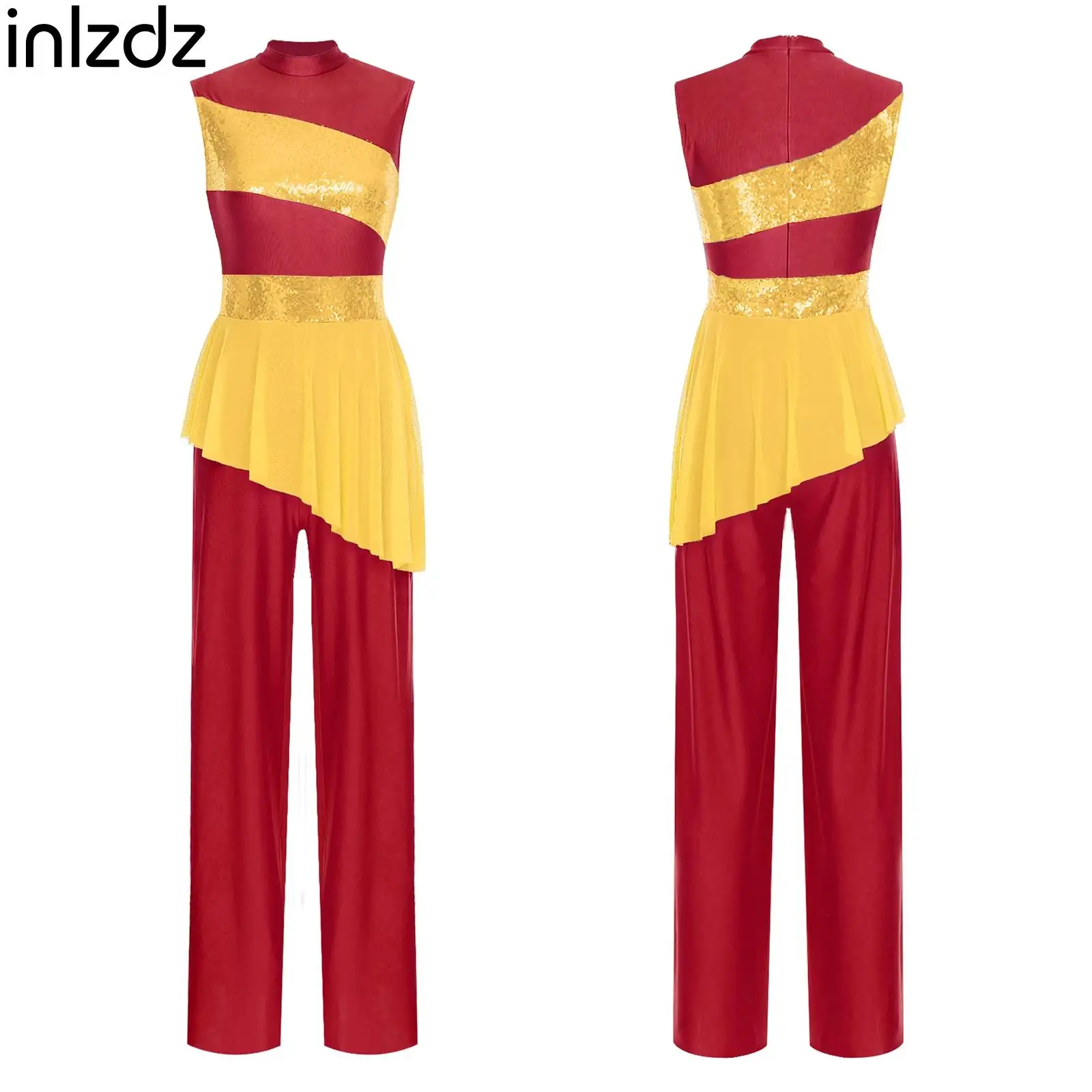 

New Style Women Lyrical Dance Costume Sleeveless Sequined with Asymmetric Mesh Overlay Trumpet Style Jumpsuit Stage Dancewear