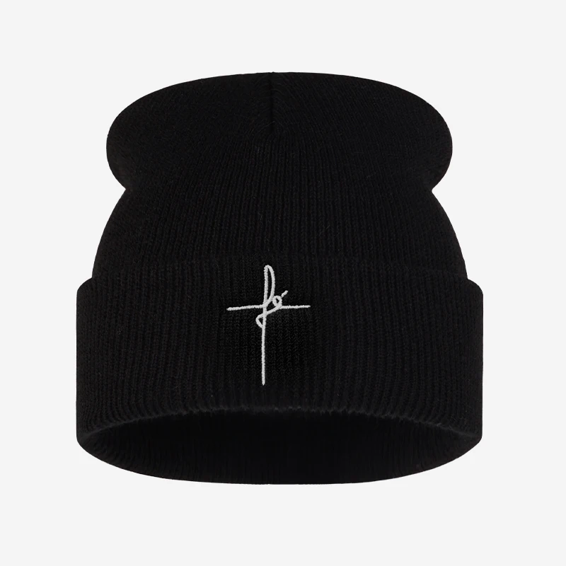 Cross Heart Faith Embroidery Knit Beanie Adult Soft Stretchy Thermal Winter Hat Religious Streetwear Christmas Holiday Party Gif