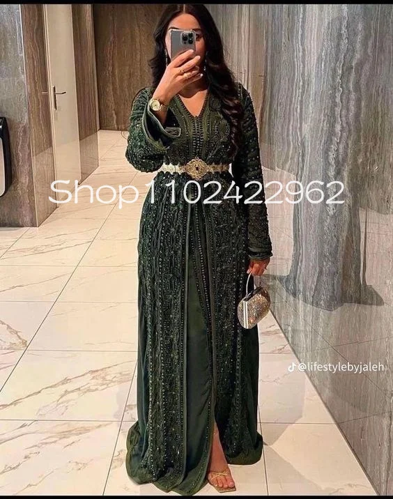 Army Hunter Green Moroccan Takshita Prom Occasion Dresses Long Sleeve Lace Stain Beaded Muslim Arabic Caftan Aya Evening Gown