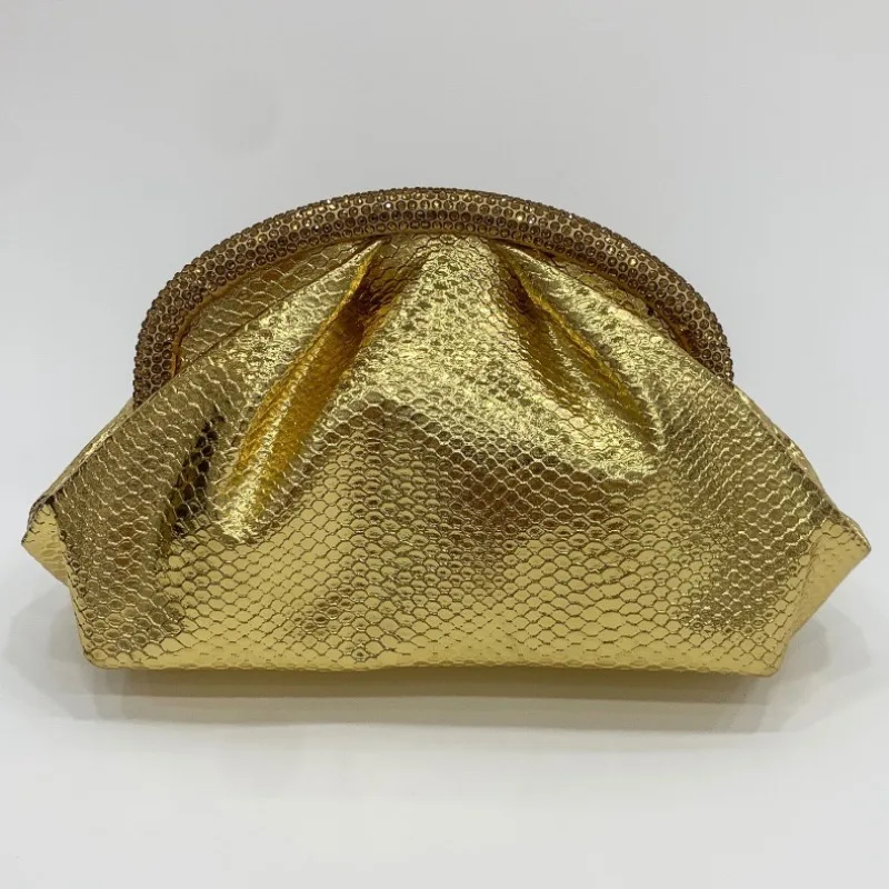 Snake-pattern Pleated Cloud Clutch Bag for Women 2026 Summer Diamond-inlaid Design Female Dinner Party Hand-held Evening Bag