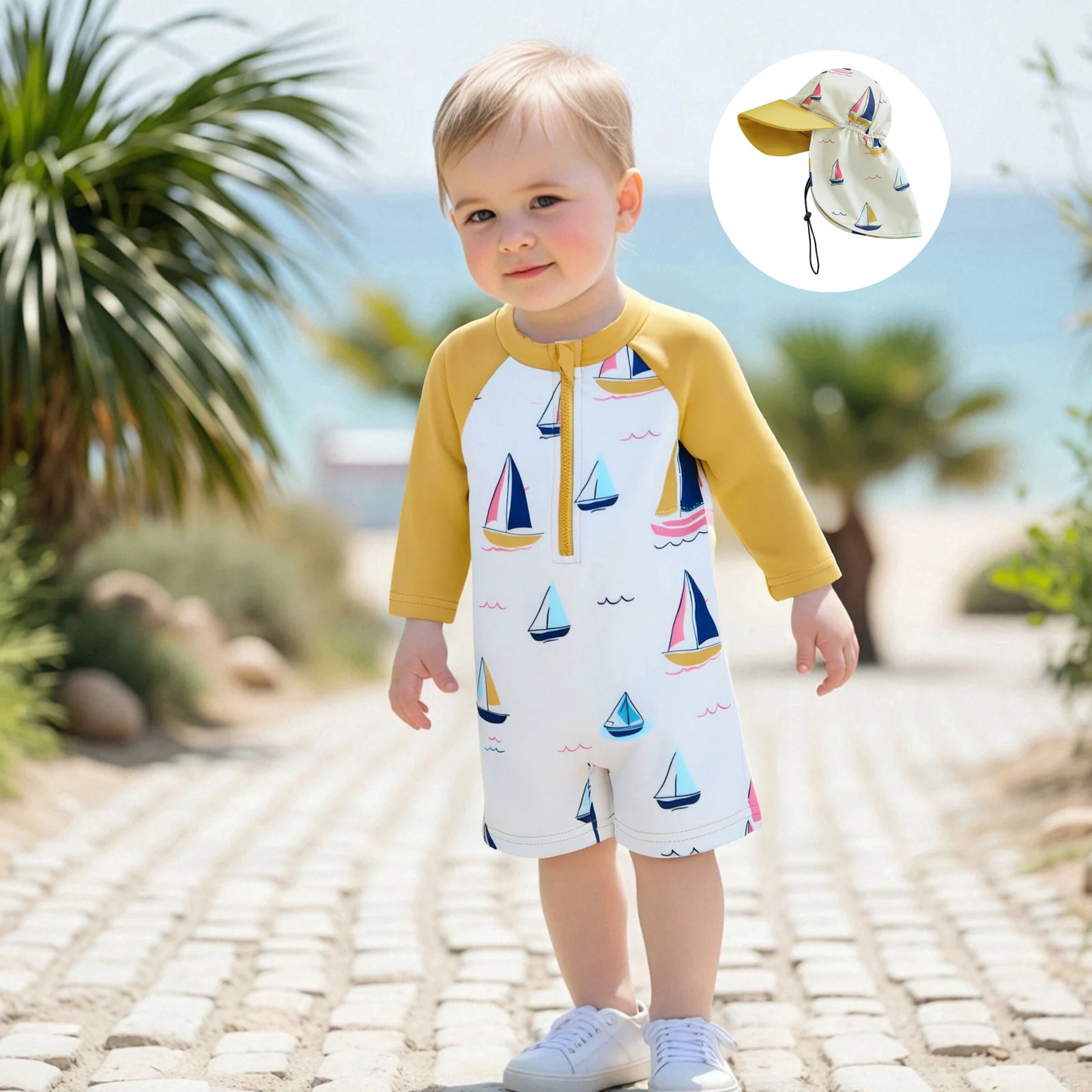 Toddler Boy Rash Guard Swimwear with Hat 2Pcs Set Sailboat Print Zip Up Long Sleeve Crew Neck Swimsuit Romper for Beach Pool 4