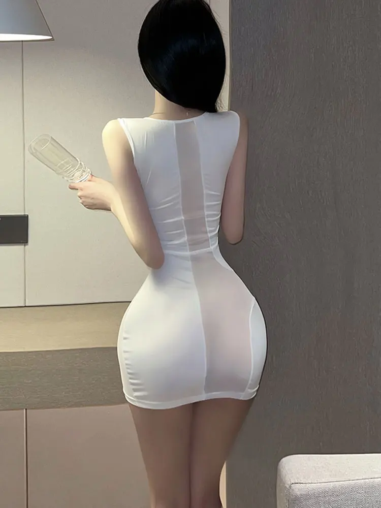 Sexy Mesh Patchwork Mini Micro Pencil Dresses Sleeveless Transparent Night Club Wear Tight Dress Package Hip slimming Body Dress