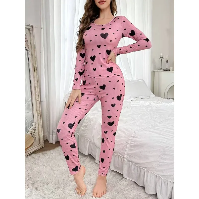 2pcs Set Heart-shaped Printed Pajama Sets, Home Wear Sets, Home Wear That Can Be Worn Outside, Soft and Comfortable.