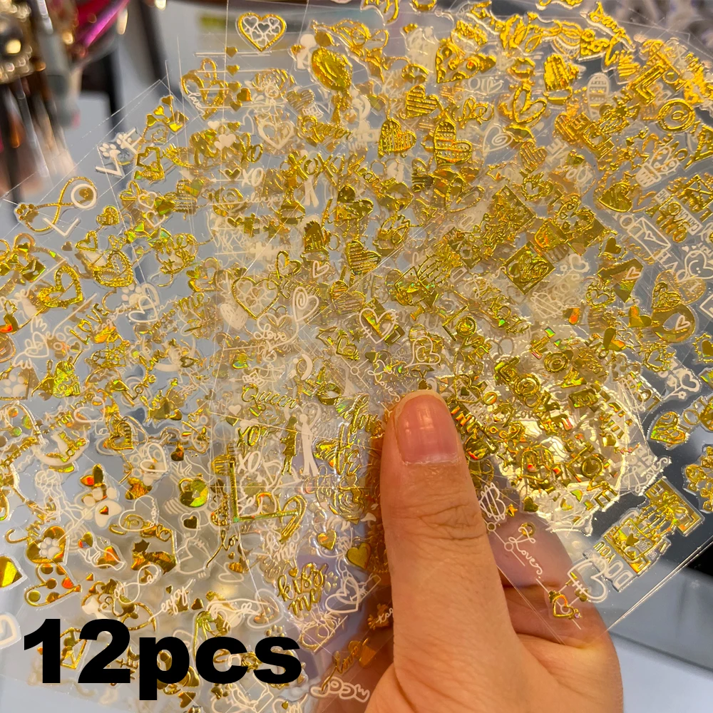 12 ピース/セットレーザースライバーバレンタインデーネイルステッカー 3D ハート/弓/唇/キス/愛ネイルデカール女性のためのマニキュア装飾スライダー