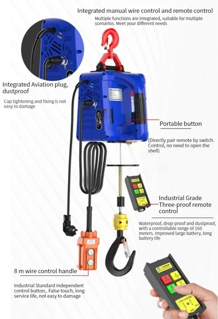 100-500kg Electric hoist Portable electric hand winch traction block electric steel wire rope lifting hoist towing rope