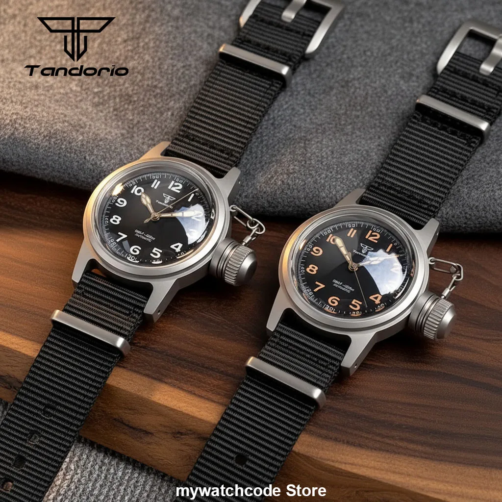 Small Pilot 36MM mechanical watches Domed Sapphire Glass Big Crown Vintage Orange Numbers 20BAR Waterproof Dive Clock Luminous