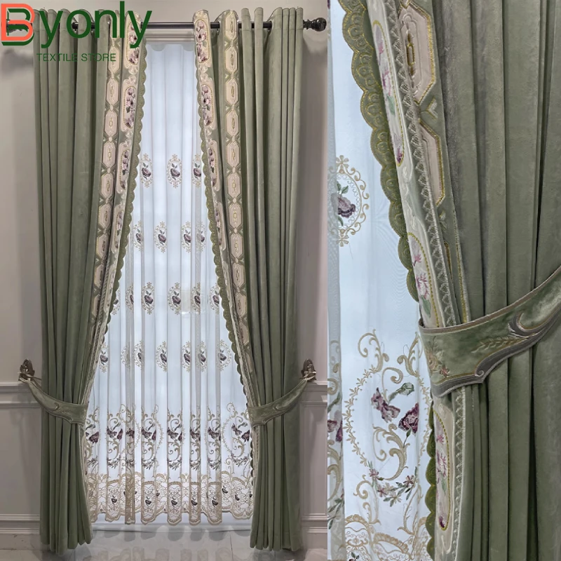 Villa Custom Embroidered Window Screen Green Velvet Thickened Curtains for Living Room Bedroom French Window Balcony