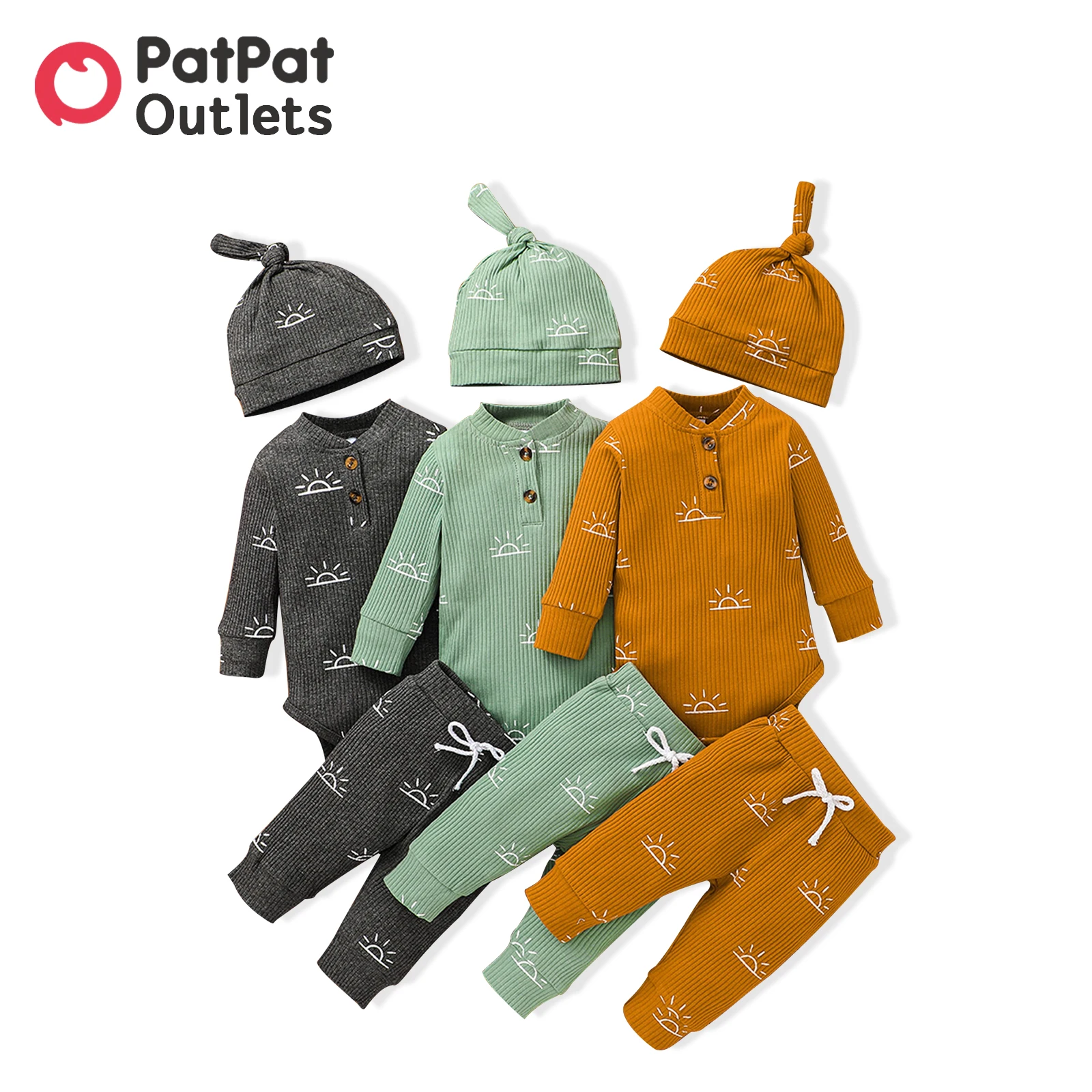 

PatPat 3-piece Autumn Infant Newborn Baby Boy Clothes 95% Cotton Long-sleeve Button Design Romper Elasticized Pants Cap Set