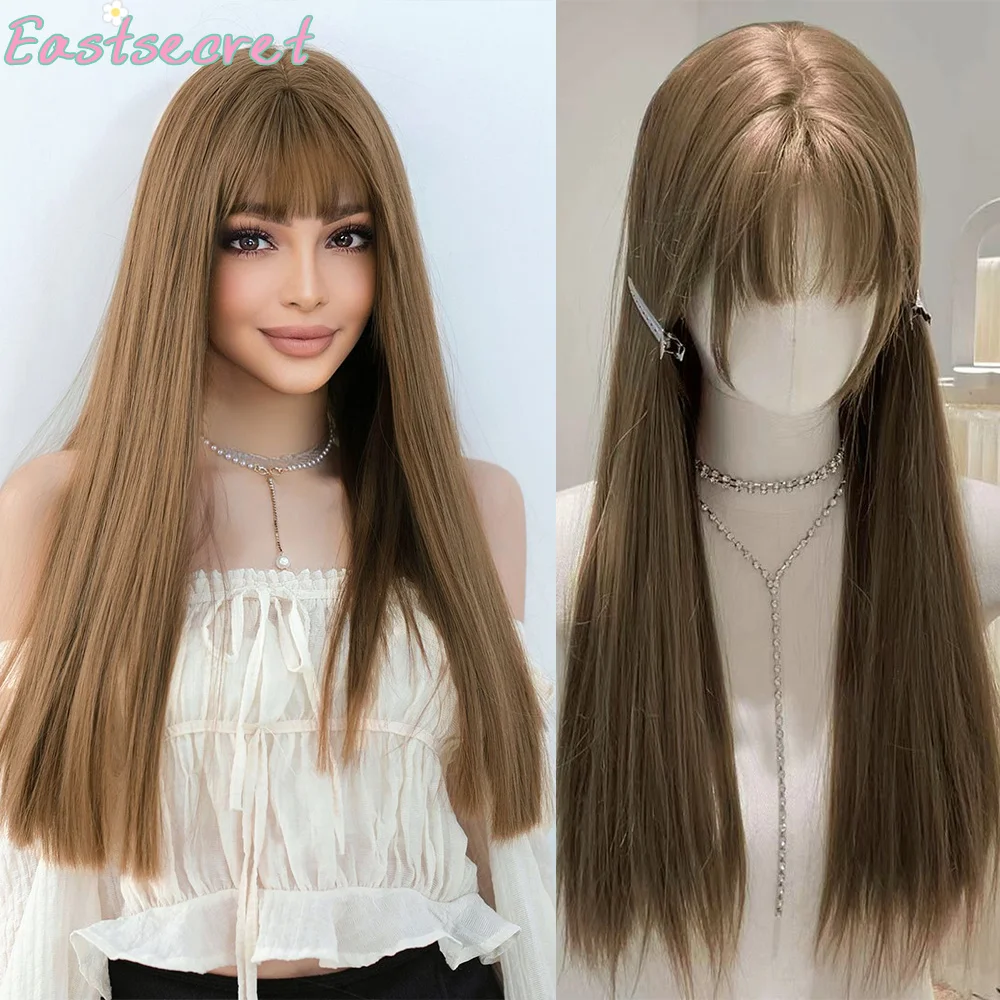 

EAST Long Straight Synthetic Light Brown Wigs With Bang For Women Heat-Resistant Daily Use Hair Halloween party