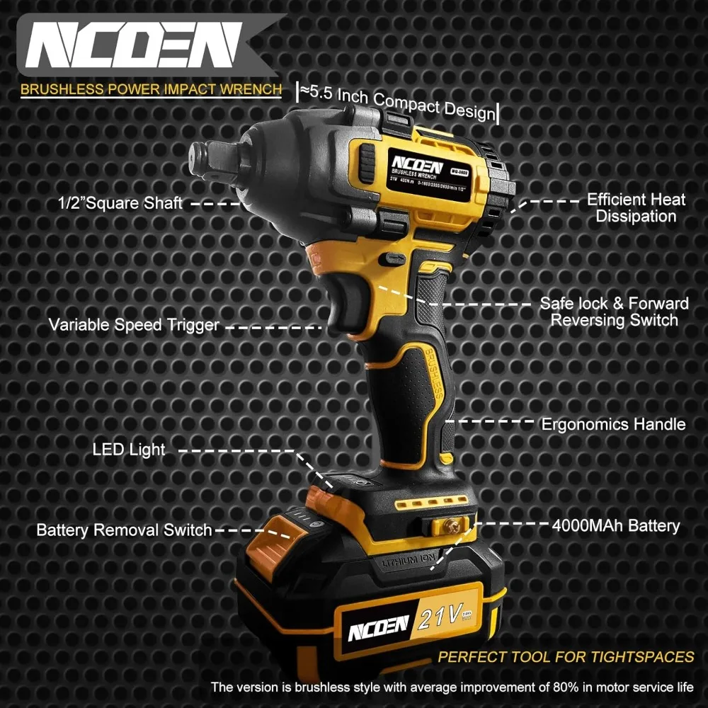 1/2 Impact Wrench Brushless Impact Gun Upgraded 3 in1 Impact Drill Bit 2800RPM High Torque with Battery & Fast Charger 4 Sockets