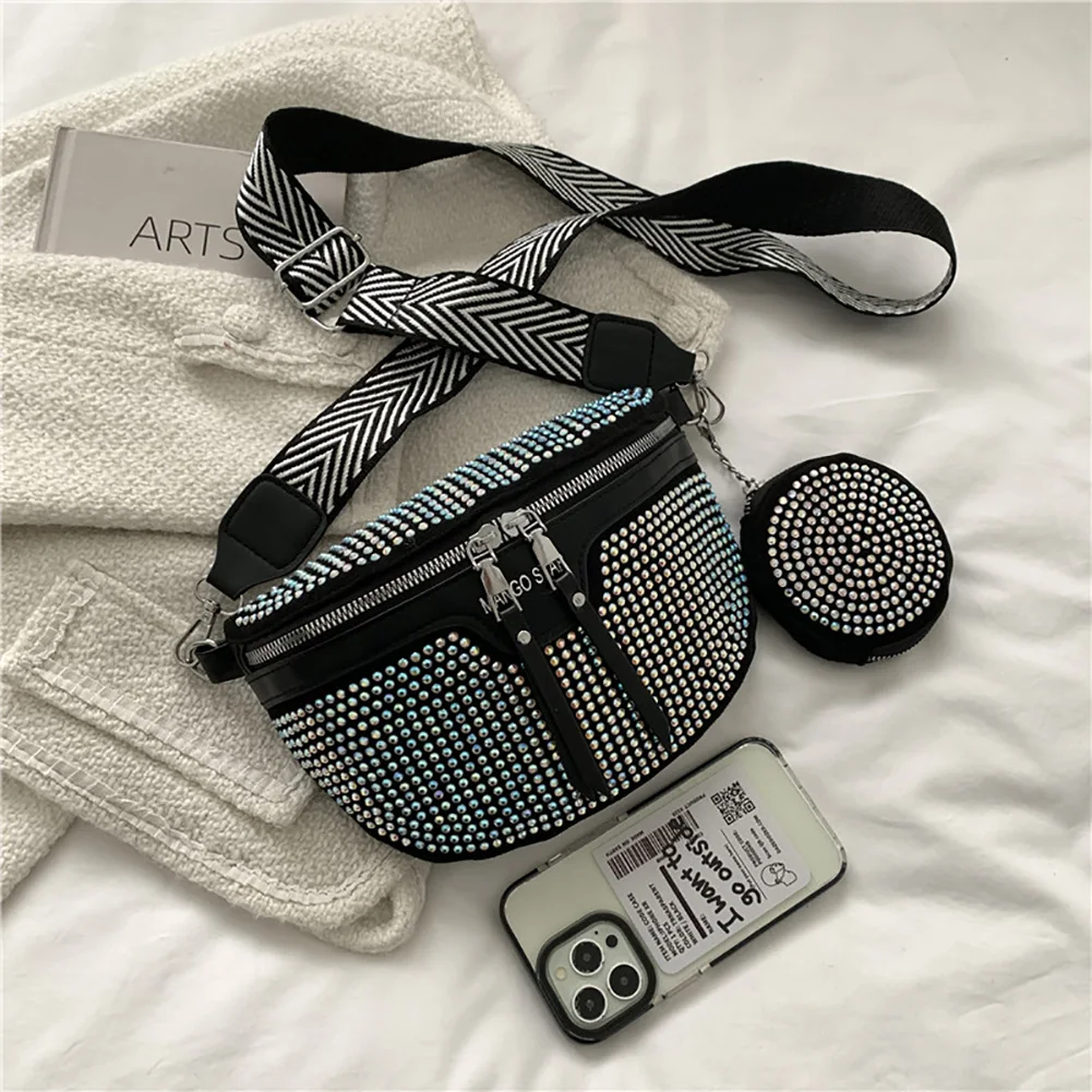 أزياء رائعة حجر الراين حزام الخصر حقيبة الماس حقائب كروسبودي حقيبة كتف الإناث بو الجلود بلينغ فاني حزمة دائمة #4