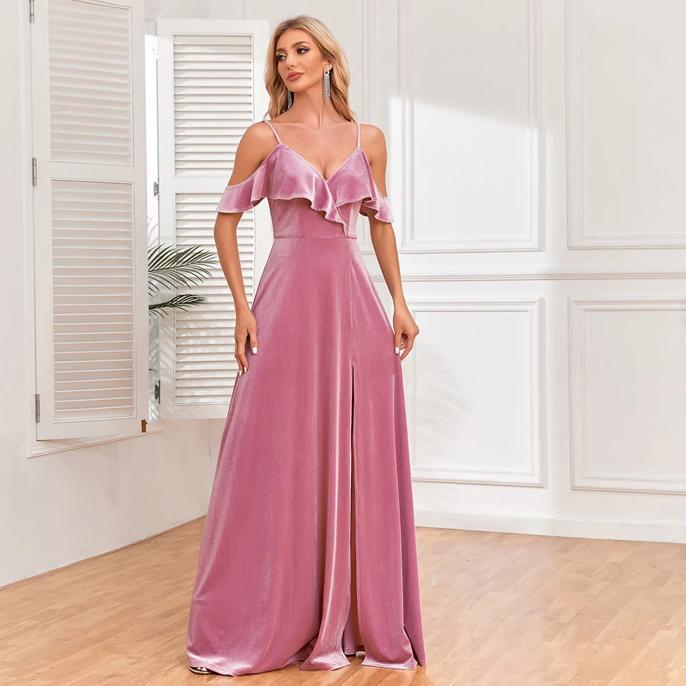 

Sexy off-the-shoulder Ruffle slit long evening gown with A-line hem Velvet party dress velvet dress women luxury vestido coctel