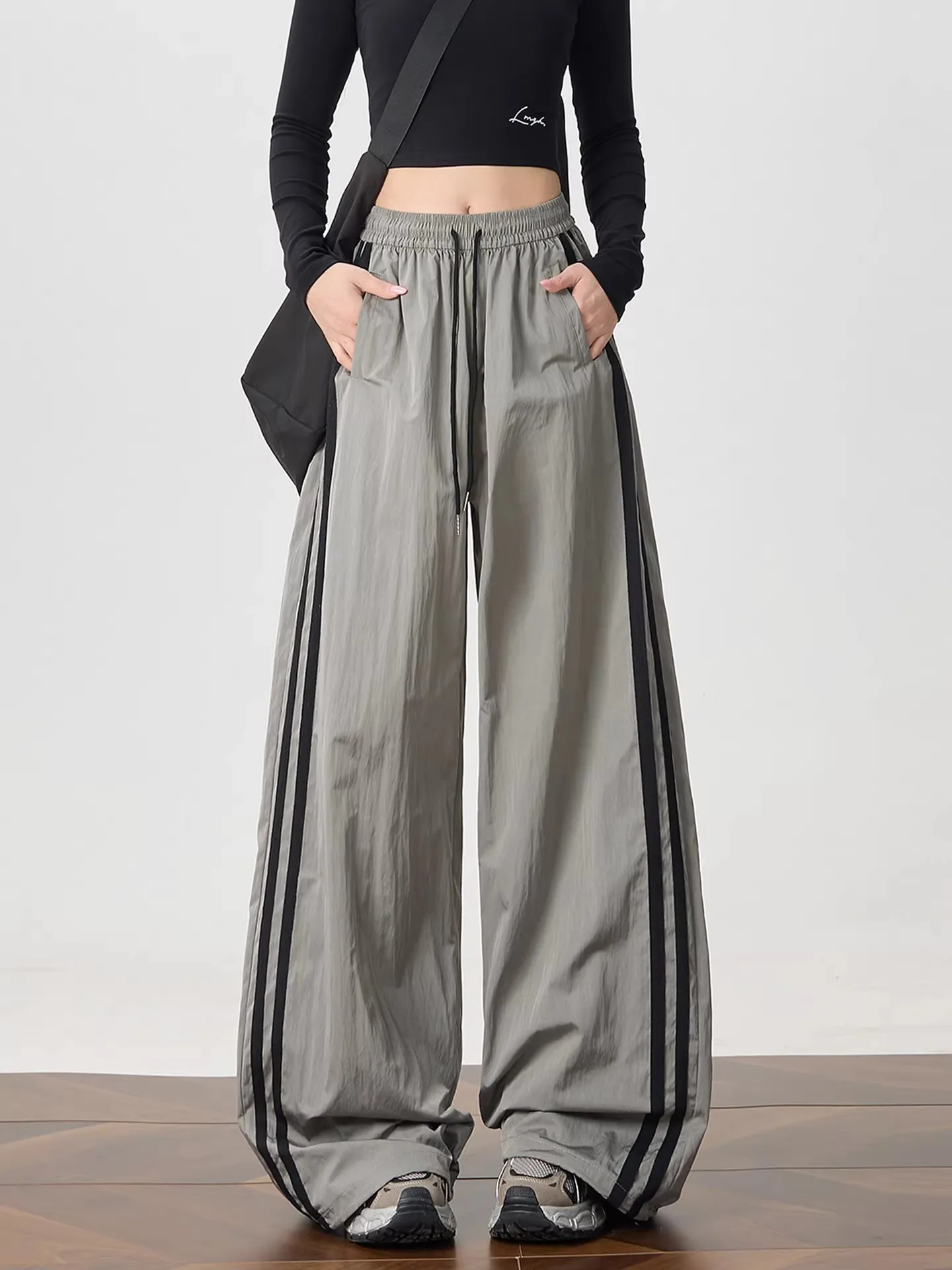 

American Style Striped Wide Leg Pants Women's Spring Autumn High Waist Slimming High Street Dance Casual Quick Dry Sports Lon...