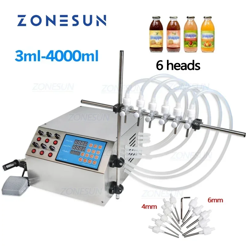 ZONESUN 액체 충전 기계, 전기 반자동, 우유 주스, 고효율, 커피, 물, 음료수 병, 6 헤드