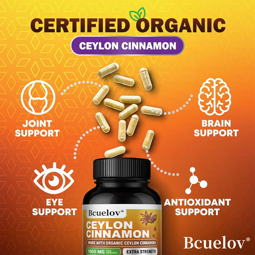 Organic Ceylon Cinnamon Capsules 1000mg, Antioxidant, Supports Metabolism, Cardiovascular, Joint, Digestive & Immunity Health