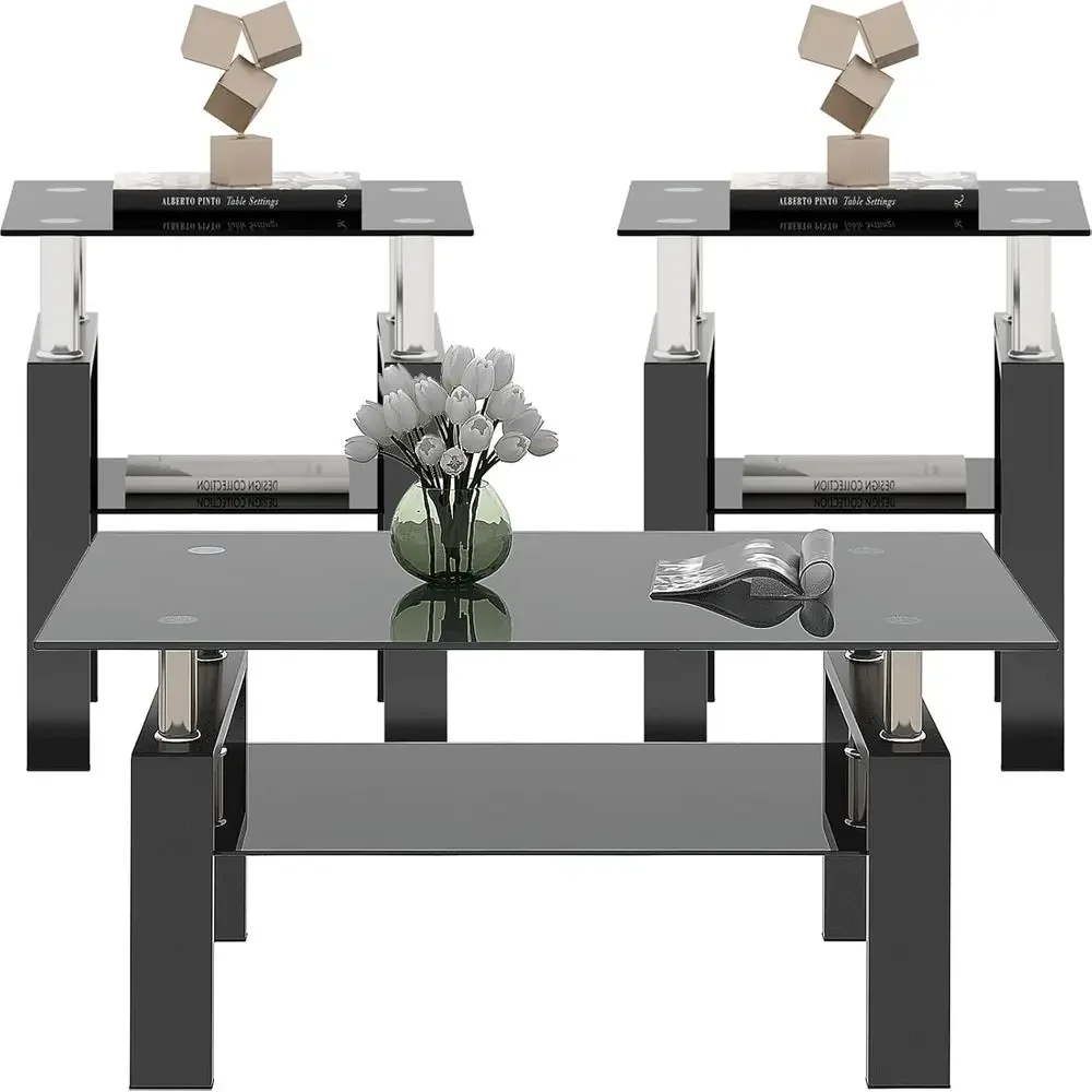 Black Glass Coee Table Set o 3 Piece, Living Room Tables Set o 3 Pcs, Including 1 Coee Table and 2 End Side Tables, Metal e, Tem