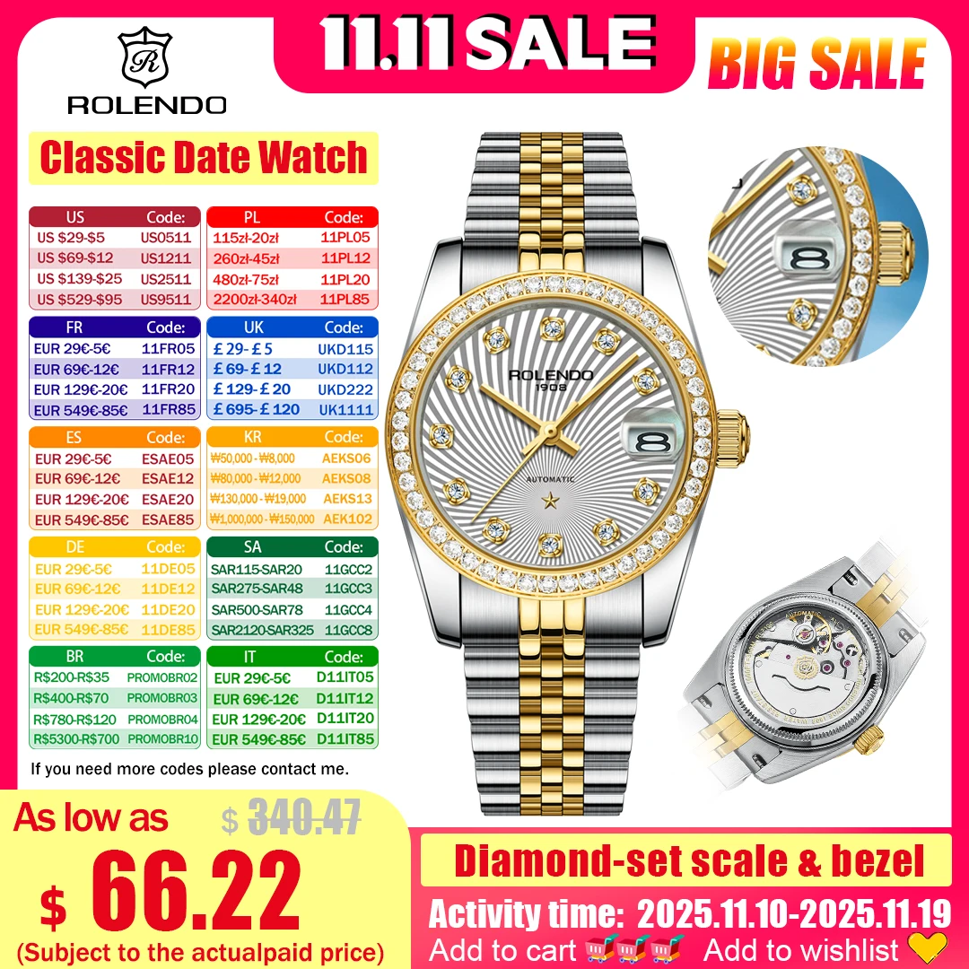 

ROLENDO Classic Date Watches for Woman 32mm Sapphire Crystal 30ATM Butterfly Buckle Gold Luxury Diamond-set Automatic Wristwatch