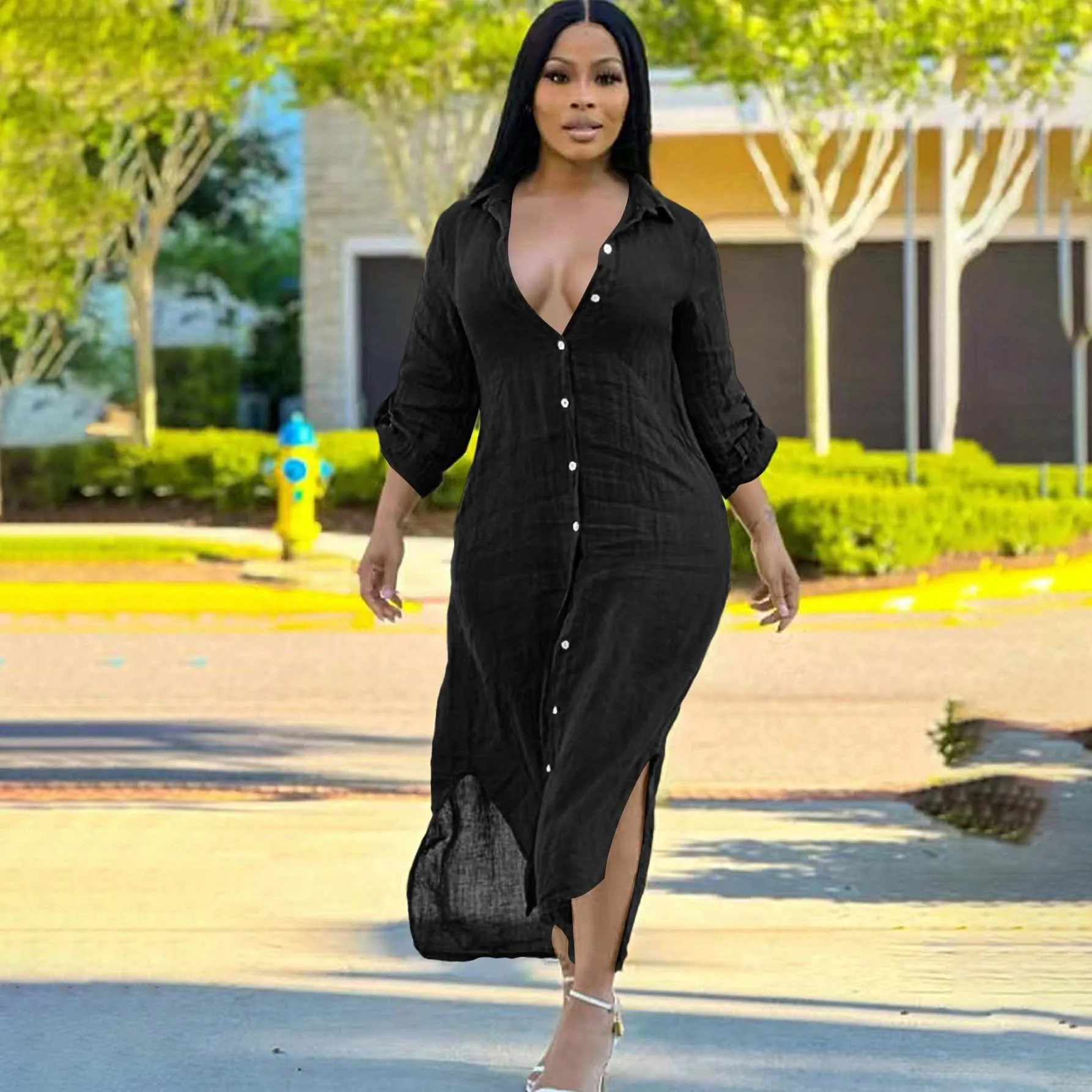 shirt dresses for women long Womens Cotton Linen Maxi Dress Sleeve Loose Fit Swing Hem Pleated Tunic Dress Deep V Neck Solid Color Baggy Flowy Shift Dress Summer Casual Black Plus Size Long S Womens Summer Fashion Sexy Turndown Collar Long Sleeves Solid Color Button Belt Casual Dress Features GOKKILRW Women T Shirt Dress