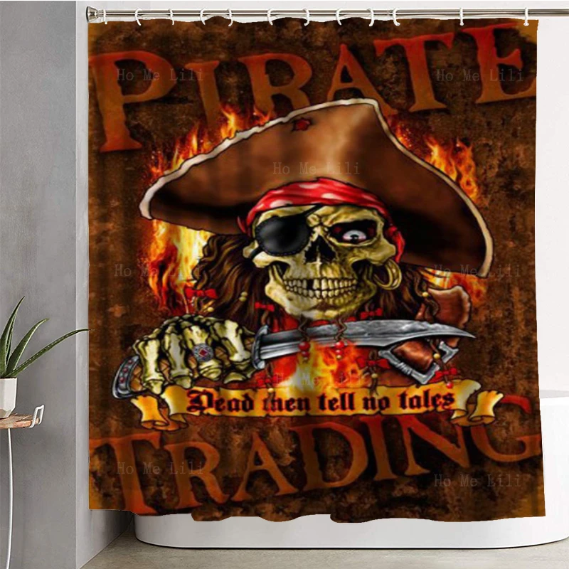 Trippy Day Of The Dead Style Skull Art Retro Skeleton Pirate Trading Metal Sign Shower Curtain By Ho Me Lili With Hooks