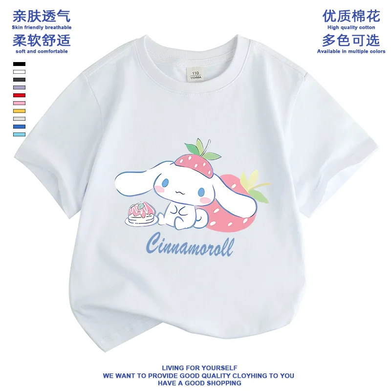 

Sanrio 2024 New Cotton T-Shirt Girls and Boys Summer Round Neck Casual Top Cartoon Versatile Half-Sleeved Cinnamoroll Cute Gift