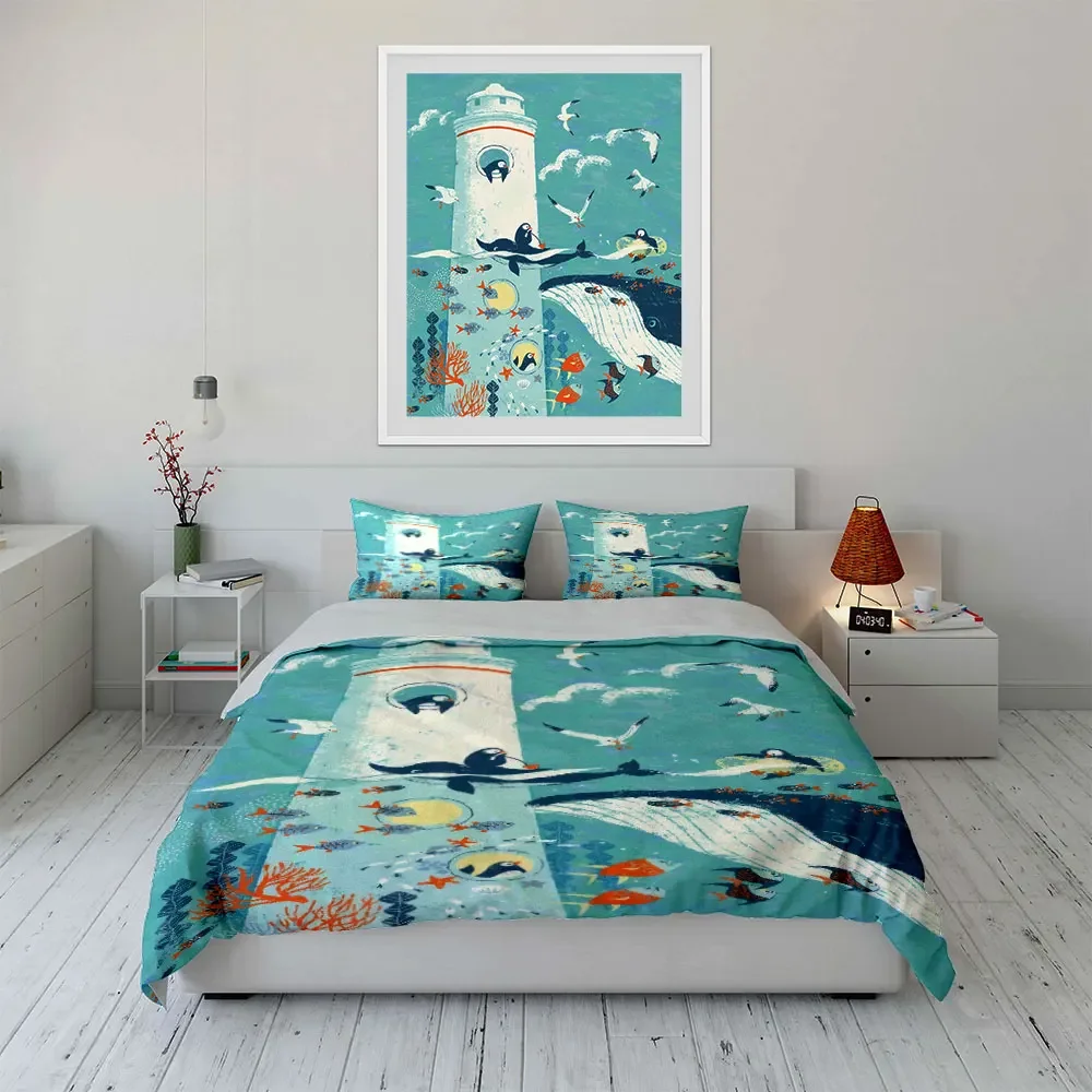Marine Life Trio Decoration Set Bedding Set with 1 Duvet Cover 2 Pillowcases Single Double King Queen, Gift