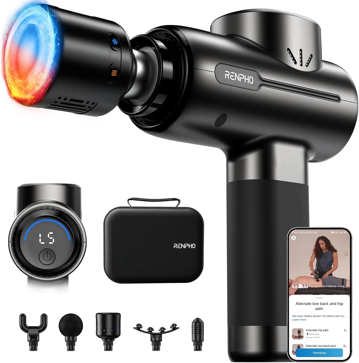 

Портативный массажер для тепловой и холодной терапии с 5 насадками, зарядка через USB-C, дорожный чехол — идеально подходит для снятия мышечного напряжения в спине и шее