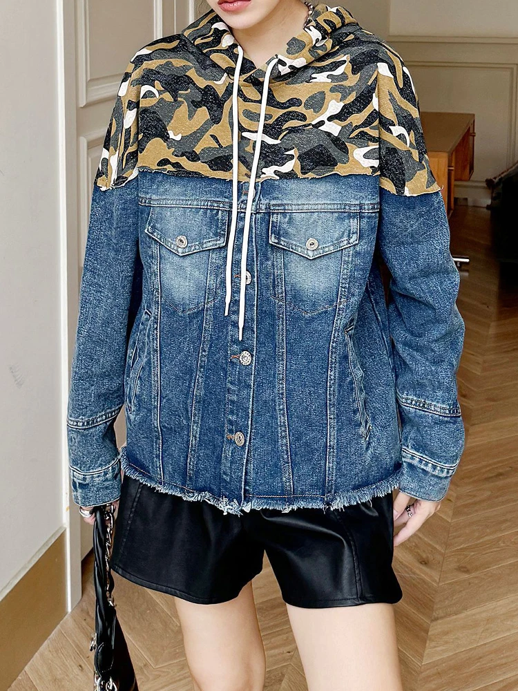 Amax lulue marca 2025 outono senhoras clássico solto impresso denim hoodies das mulheres do vintage retalhos camisolas casuais roupas punk