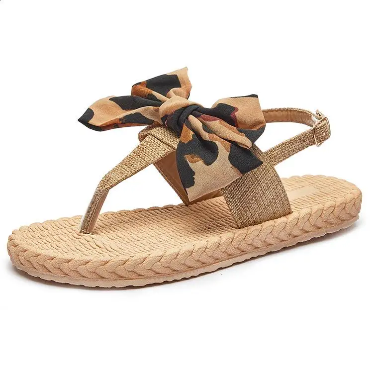 Sandals Straps Comfort Shoes for Women Summer Heels Large Size Flip Flops Platform  Leopard Low 2024 Girls Big Bow Handmade Corr image 6